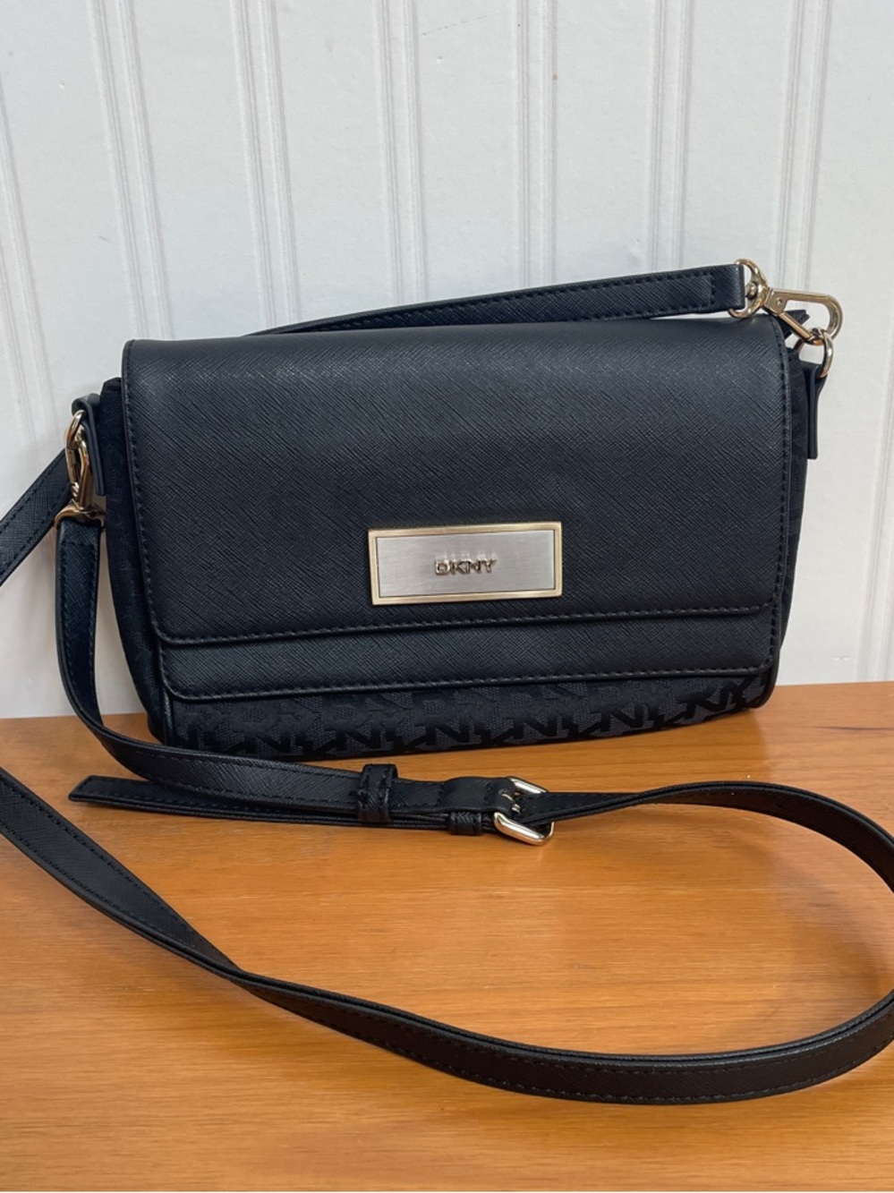 Dkny Black Crossbody Bag with Gold Plaque and hardware